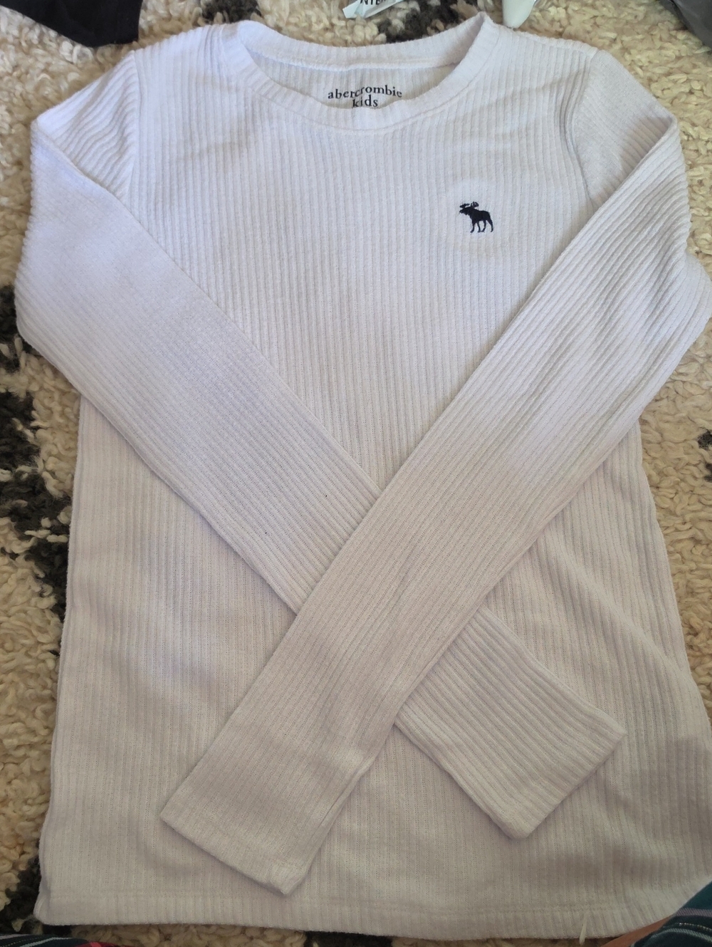 abercrombie kids White Ribbed Crewneck Sweater with Navy Moose Logo
